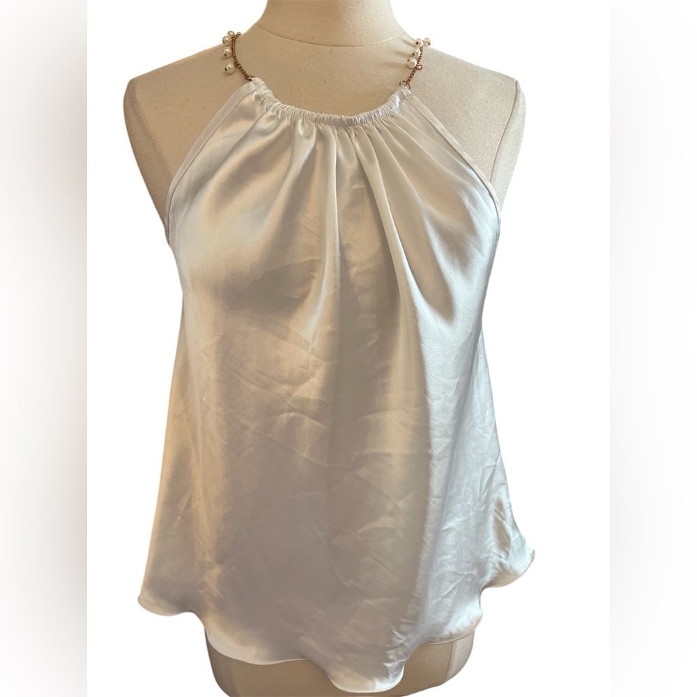 Nicole Miller white satin halter top, gold pearl-beaded necklace-style strap M - Picture 1 of 10